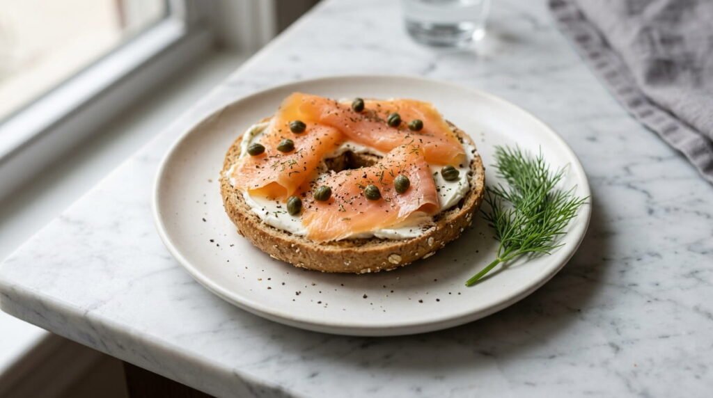 Whole wheat bagel with cream cheese and smoked salmon as a high-protein healthy breakfast option