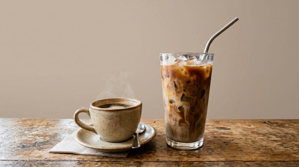 Iced vs hot Dunkalatte cup size comparison with ice volume difference
