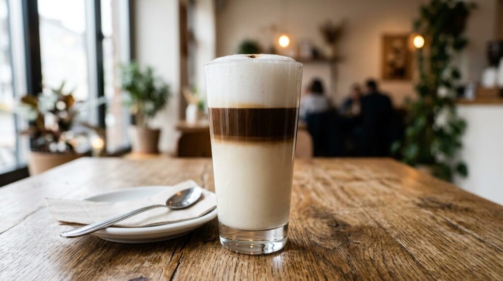 Latte macchiato with visible milk and espresso layers in glass