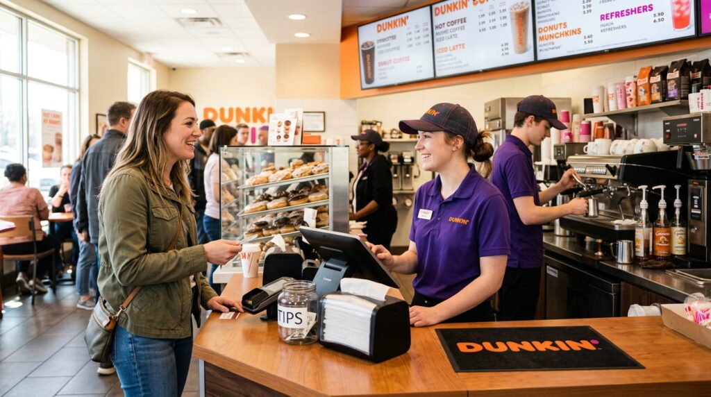 Customer ordering a custom drink at Dunkin counter