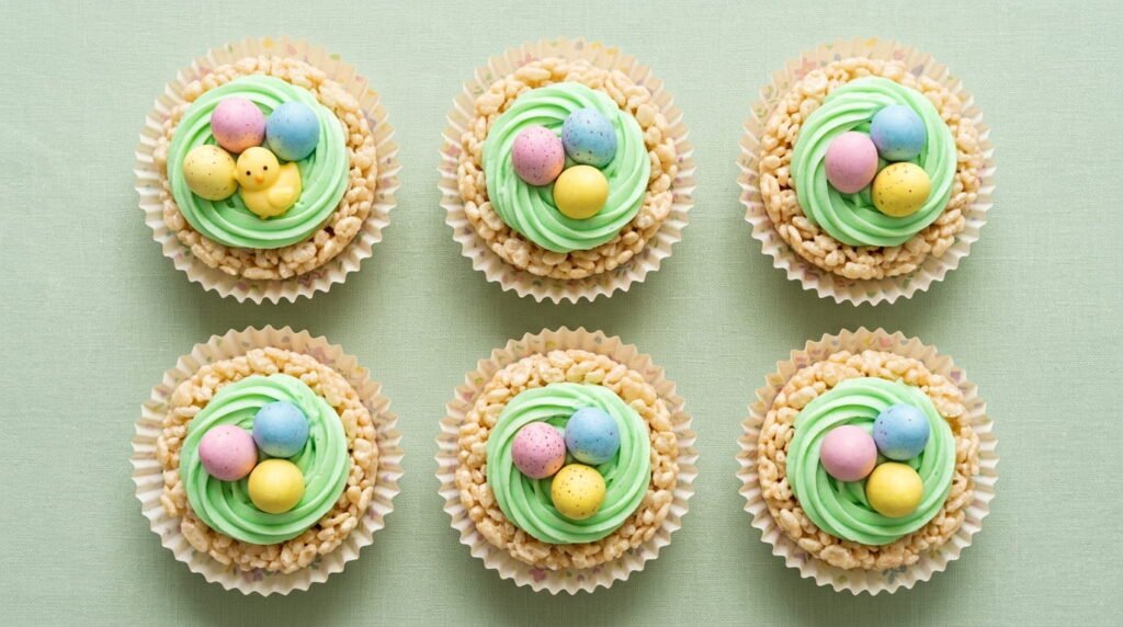 Six homemade Rice Krispie treat Easter nests in cupcake liners filled with green buttercream and pastel candy eggs on a sage green background