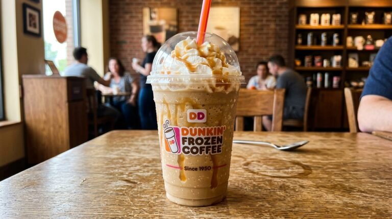 Tornado Twist Dunkin style frozen coffee drink with caramel and whipped cream