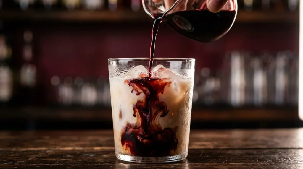 Close-up of dark black cherry syrup being poured into a clear glass of iced drink, creating a deep red ribbon swirling through the liquid