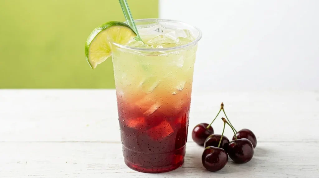 Dunkin Cherry Lime Rickey Refresher in a clear cup showing red cherry base and pale lime-green limeade layers unmixed, creating a two-tone gradient drink without foam