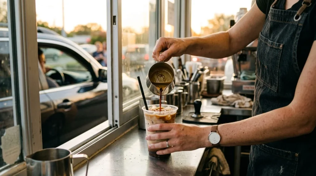 Barista preparing a custom espresso iced drink at a drive-through coffee window
