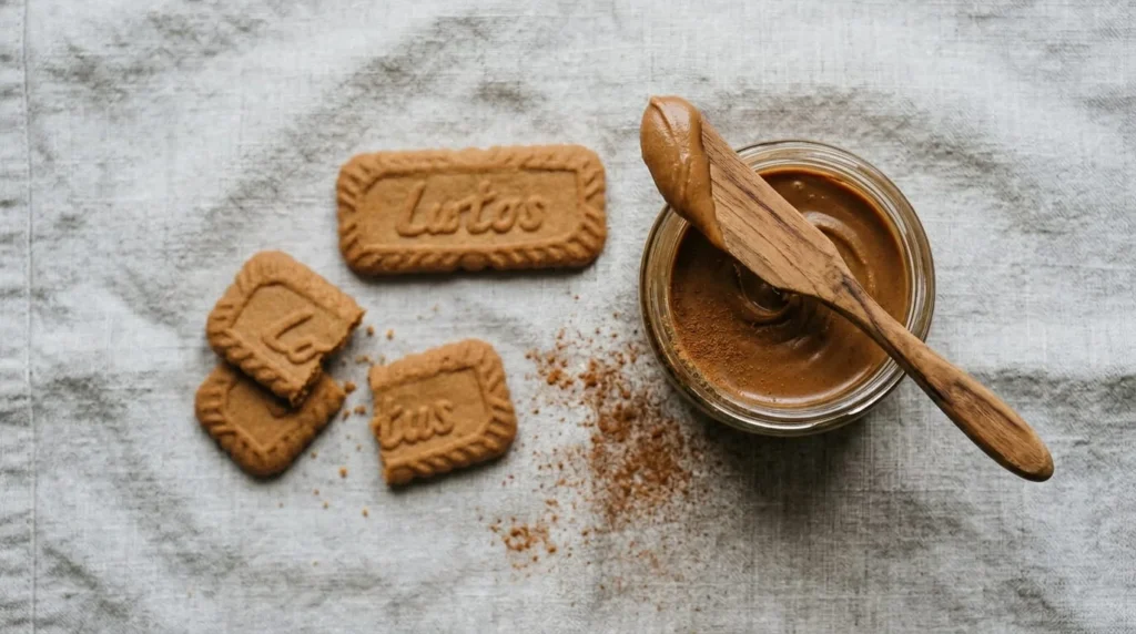 Biscoff speculoos cookies and a jar of cookie butter spread on a linen surface showing the key ingredient in Dunkins latte