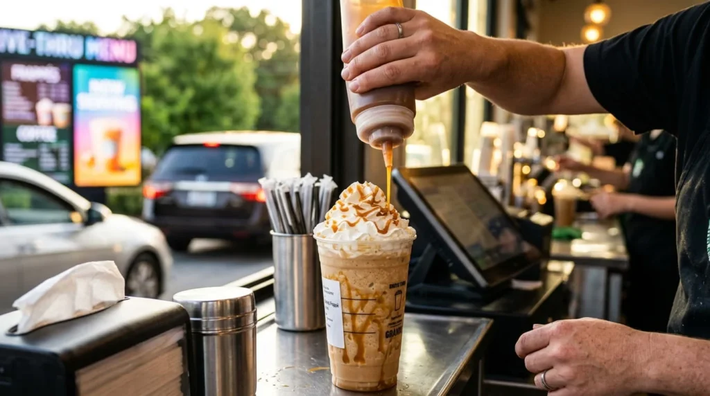 Dutch Bros barista adding caramel drizzle and whipped cream to a custom iced drink at the drive-through