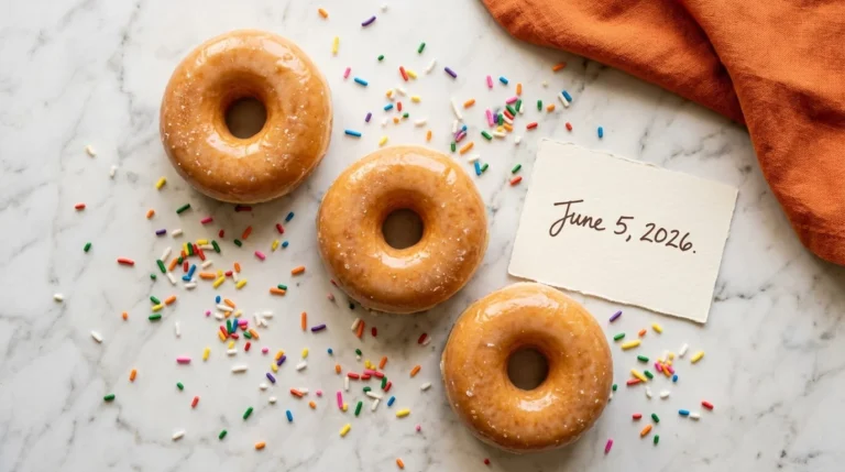hree glazed donuts arranged on a white marble surface with sprinkles and a "June 5, 2026" card, representing National Donut Day 2026 deals.