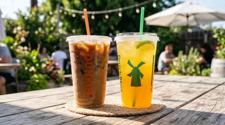 Dutch Bros vs Dunkin 2026 — iced coffee drinks from both chains side by side on an outdoor table