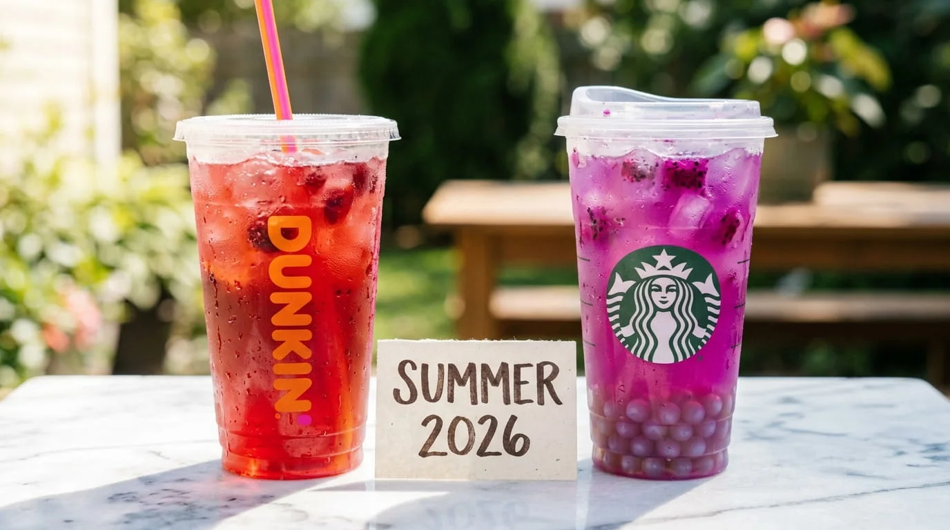 Dunkin vs Starbucks summer 2026 drinks side by side on a bright sunny table