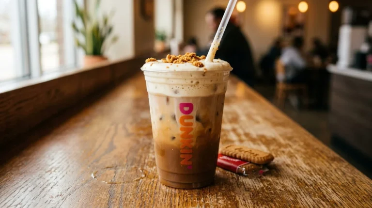 Dunkin Cookie Butter Cloud Latte in a clear cup with thick cold foam and cookie crumbles on a wooden counter