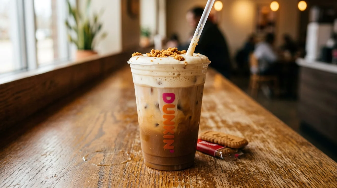 Dunkin Cookie Butter Cloud Latte in a clear cup with thick cold foam and cookie crumbles on a wooden counter