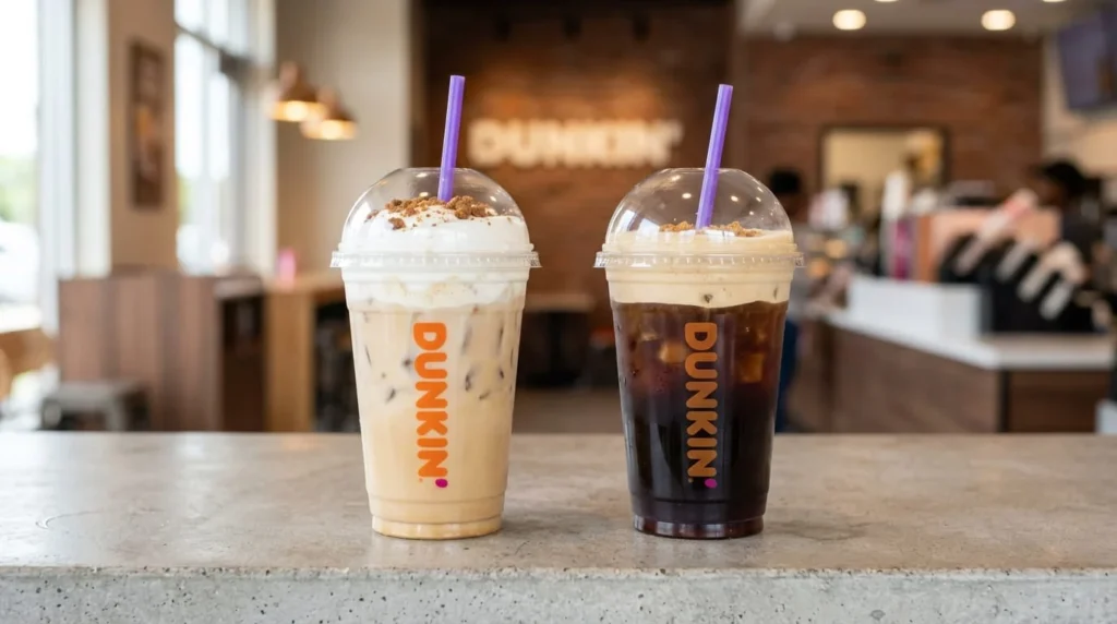 Dunkin Cookie Butter Cloud Latte and Cookie Butter Cold Brew side by side showing the difference in color and foam layers