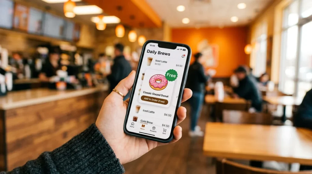 A person holding a smartphone showing a coffee app with a free donut offer, illustrating how to claim a National Donut Day deal through a mobile app.