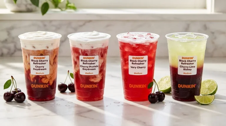 All four Dunkin' black cherry refresher variants displayed side by side in clear cups: Cherry Daydream with oat milk swirl and white cream foam, Cherry Protein Daydream with lighter milk layer, Very Cherry with uniform cherry-red color, and Cherry Lime Rickey showing distinct pale green limeade layer on top of dark red cherry base