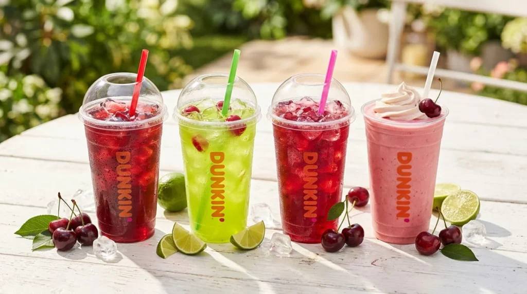 Dunkin Black Cherry Refresher and Cherry Lime Rickey drinks lined up in summer 2026
