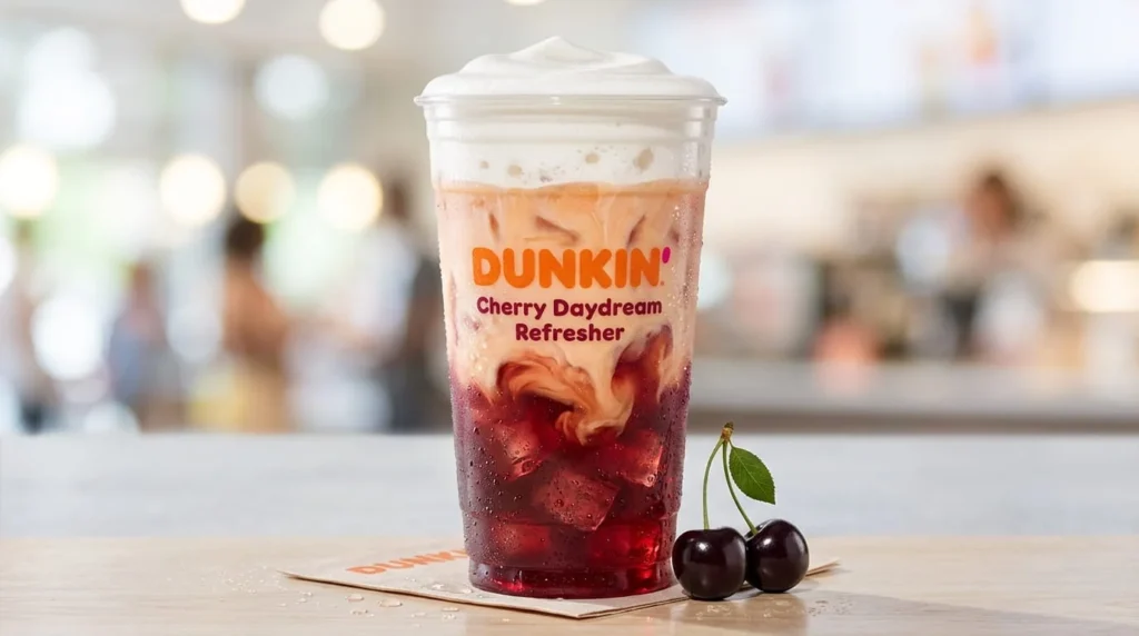 Dunkin' Cherry Daydream Refresher close-up showing layered oat milk base with
cherry-red liquid, peachy-cream gradient blend, and thick white sweet cream cold
foam topping in a clear cup with visible ice and condensation