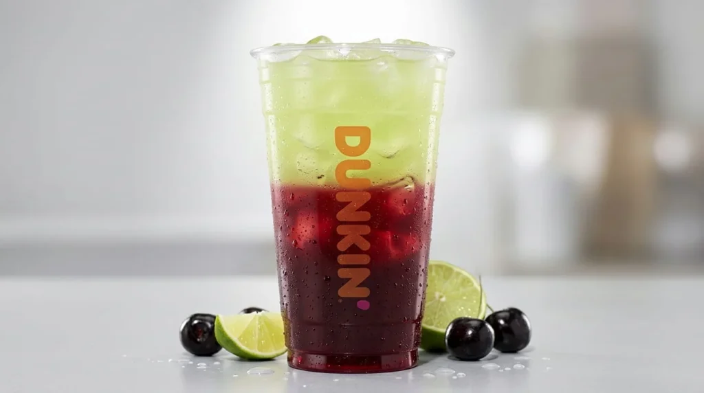 Dunkin' Cherry Lime Rickey Refresher showing striking two-tone color separation with
deep dark red cherry base occupying bottom 60 percent and pale lime-green limeade
layer visible on top, creating distinct color-contrast before mixing