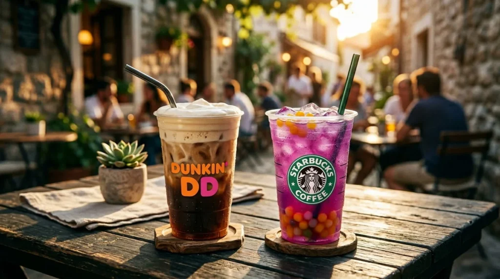 Dunkin Dirty Pepsi soda with cold foam next to Starbucks Tropical Butterfly Refresher purple drink