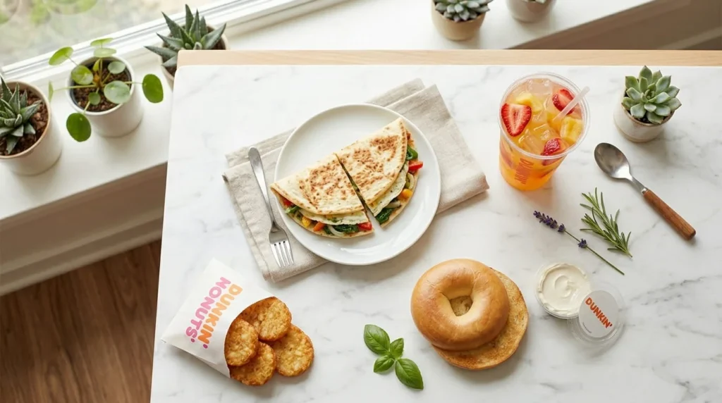 Dunkin Donuts healthy lunch options including Veggie Egg White Flatbread, toasted bagel, hash browns, and Dunkin Refresher