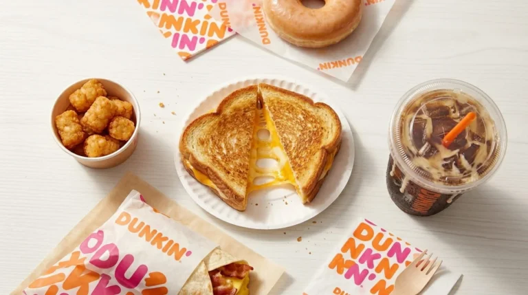 Dunkin Donuts lunch menu spread featuring grilled cheese melt, hash browns, wake-up wrap, donut, and iced coffee
