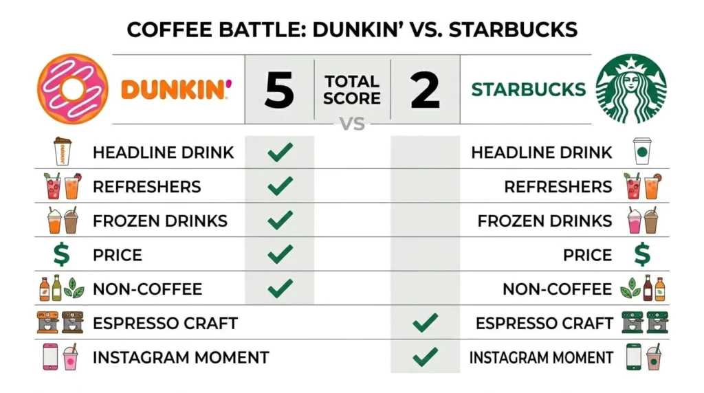 Dunkin vs Starbucks summer 2026 scorecard showing Dunkin winning 5 to 2

