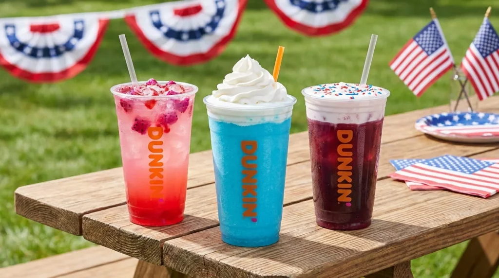 Dunkin Fourth of July 2026 drinks lineup including Starlight Lemonade, Dazzleberry Coolatta, and Cherrylicious Daydream Refresher