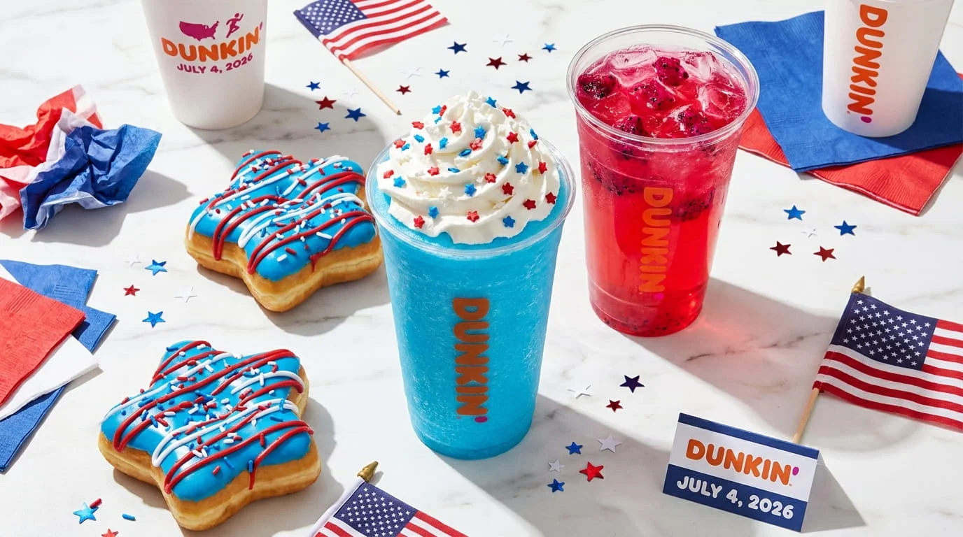 Dunkin Fourth of July menu 2026 featuring Dazzleberry Coolatta, Starlight Lemonade, and Rocket Pop Donut