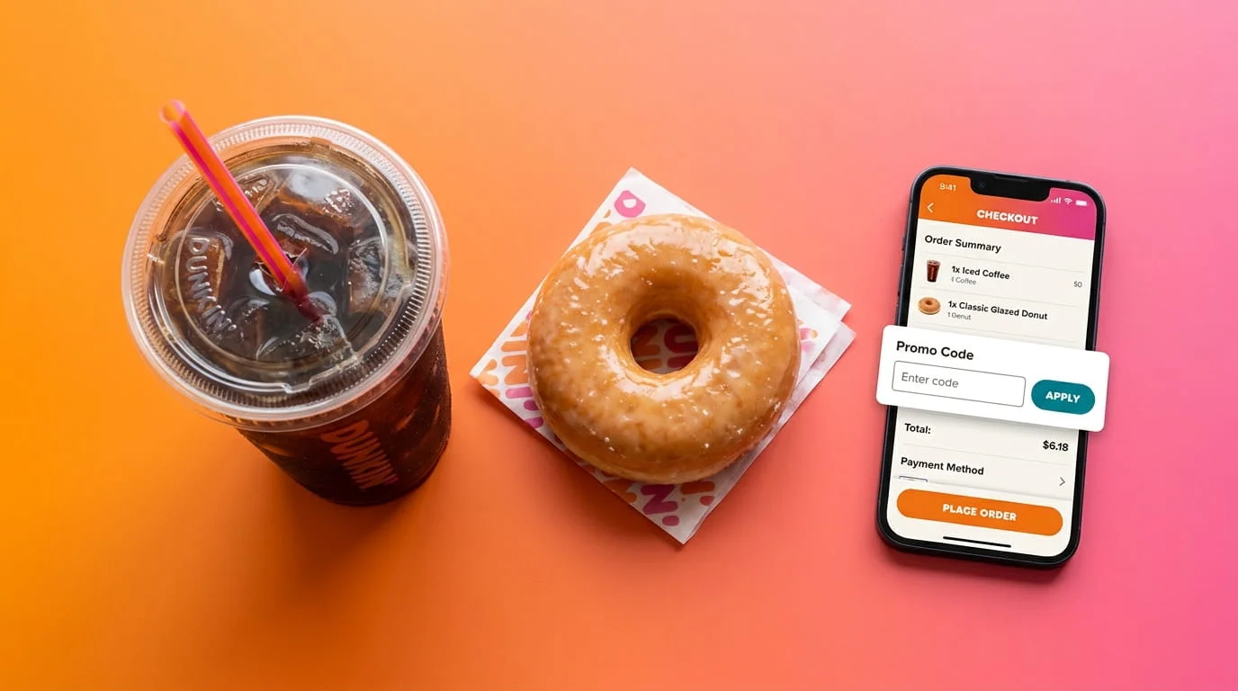 Dunkin promo code June 2026 — iced coffee, donut, and app checkout screen on orange background