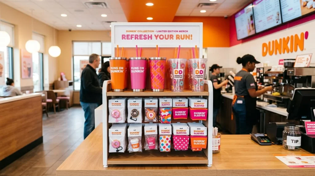 Dunkin' x Stoney Clover Lane 2026 in-store merchandise display featuring tumblers, straw toppers, and cup sleeves available at participating Dunkin' locations
