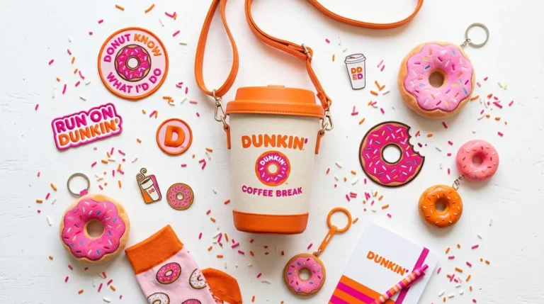 Dunkin x Stoney Clover Lane 2026 collection flat-lay showing donut pouches, iced coffee crossbody bag, and collectible patches on white background with sprinkles