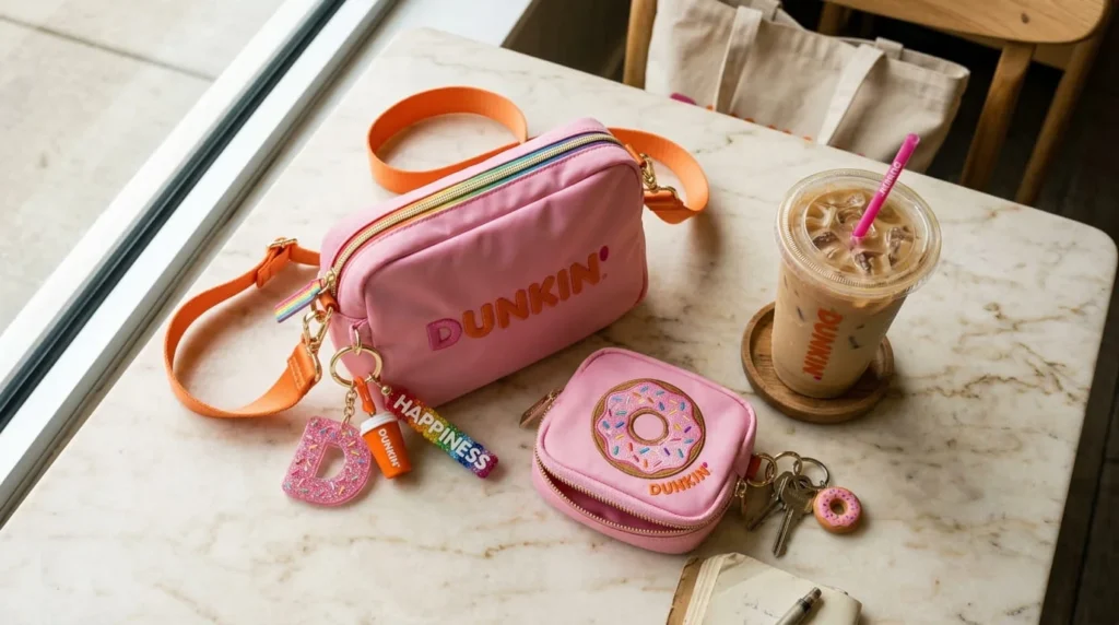 Dunkin' x Stoney Clover Lane 2026 limited-edition collection including crossbody bag, donut pouch, and bag charms for National Donut Day