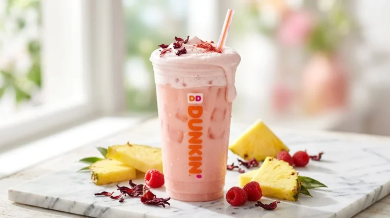 Dunkin' Pink Daydream Refresher in a clear cup with strawberry cold foam, surrounded by pineapple and raspberries