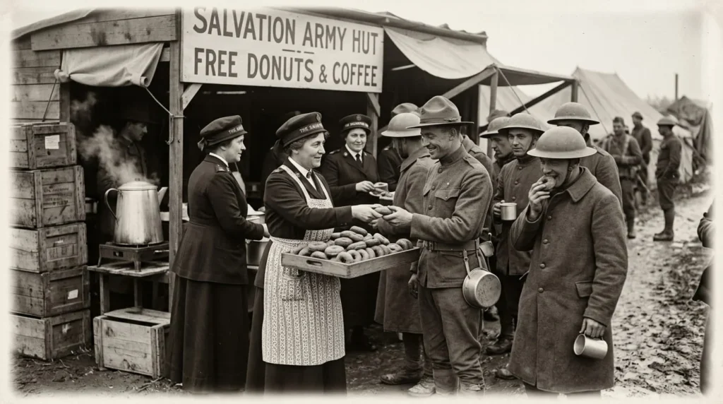 Historical tribute to the Salvation Army Donut Lassies who served donuts to soldiers in World War I, the origin of National Donut Day