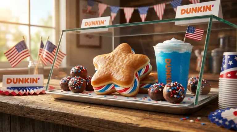 Dunkin 4th of July menu 2026 bakery box with Rocket Pop Donut and Stars and Stripes donuts