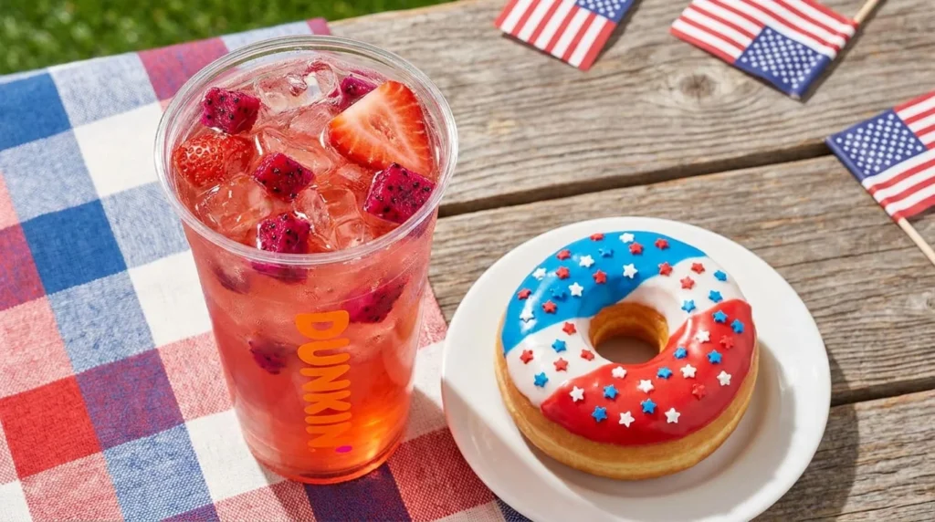 Dunkin' $3 Refresher drink and July 4th donut deal on picnic table