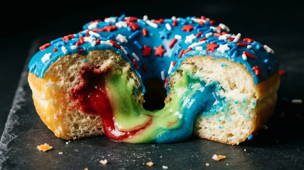 Rocket Pop Donut filling cross section on the Dunkin 4th of July menu