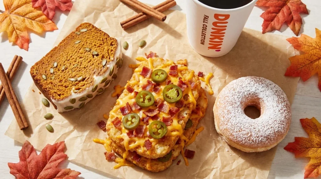 Dunkin fall food items iced pumpkin loaf and hash browns