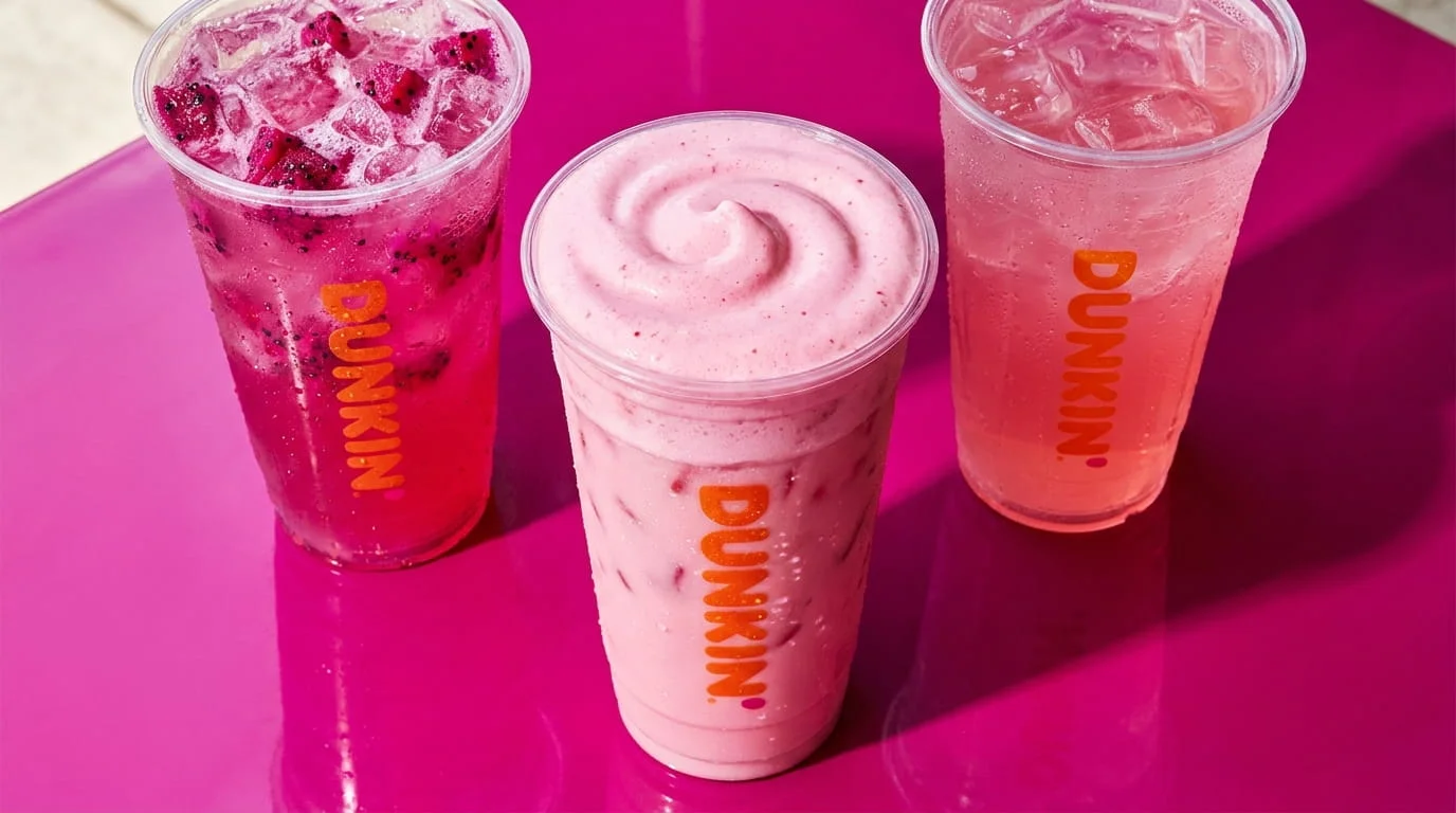King Kylie Dunkin menu featuring three pink summer drinks