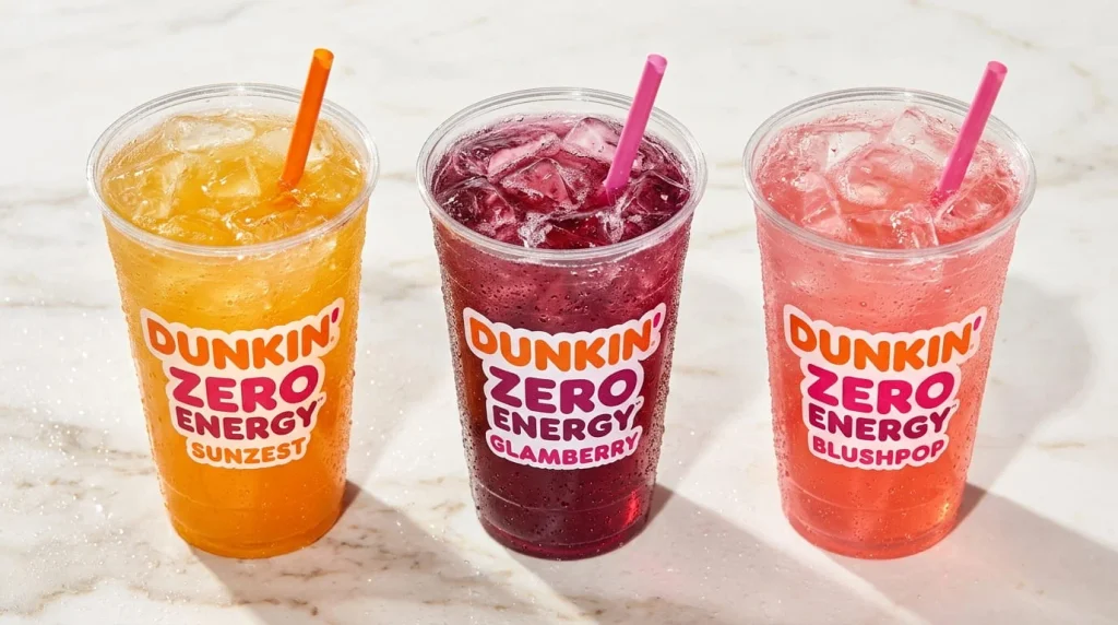 Dunkin Zero Sunzest Glamberry and Blushpop cups with Dunkin branding side by side