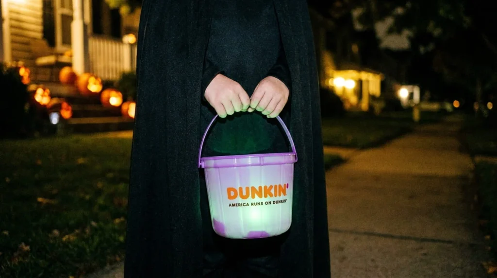 Child's hands holding a Dunkin' Halloween Munchkins Bucket on Halloween night