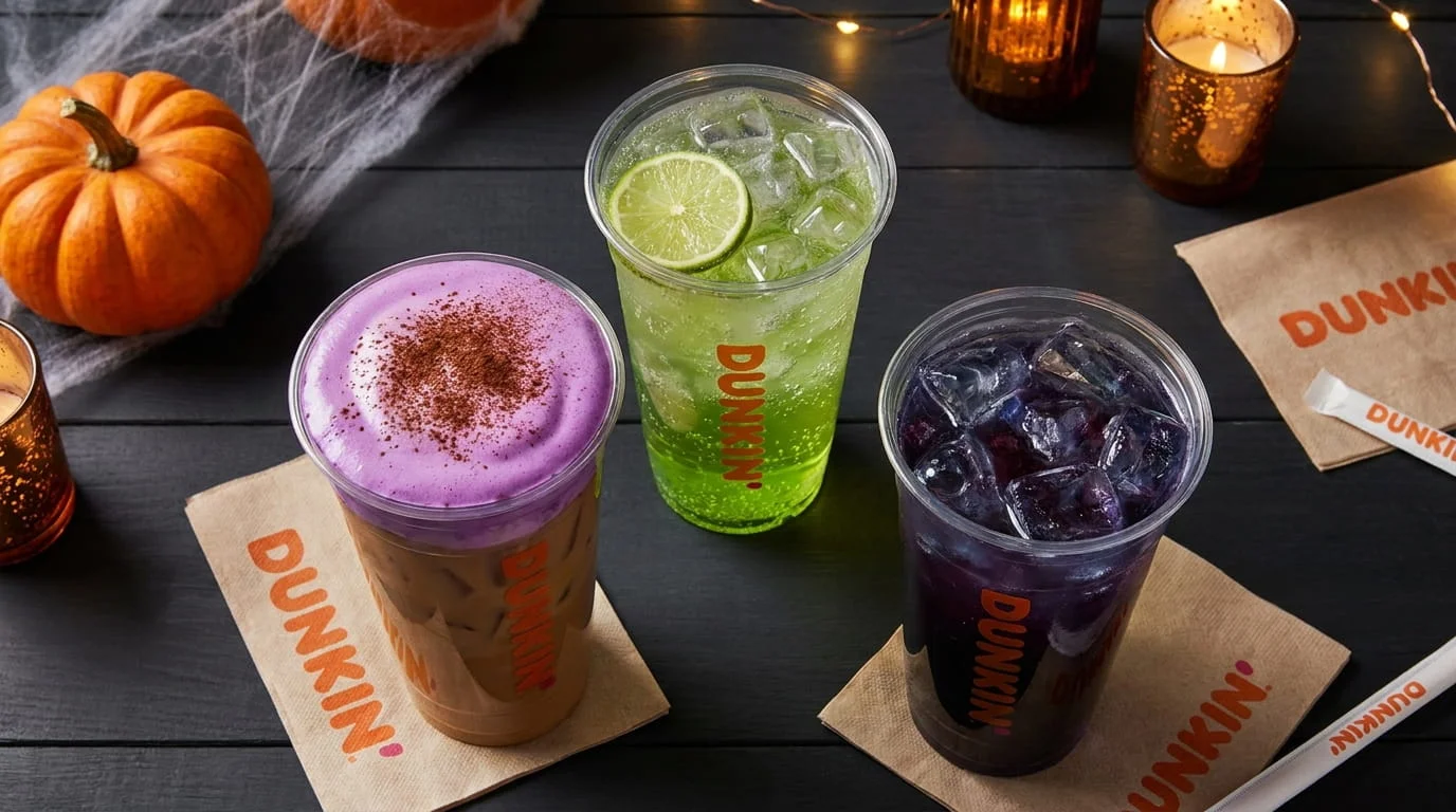 Concept image of iced Halloween drinks with purple cold foam and a green apple drink for the Dunkin Halloween menu 2026