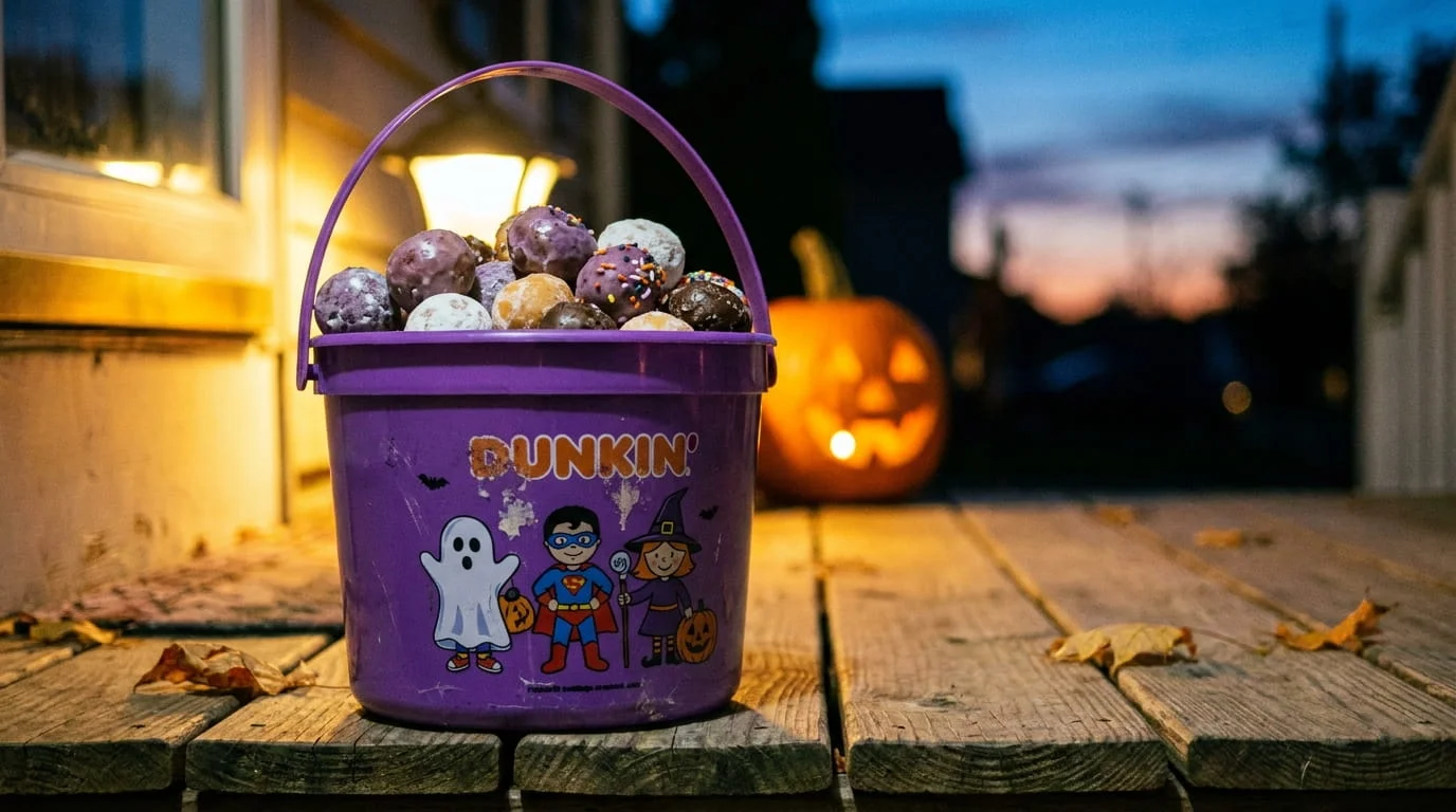 Dunkin' Halloween Munchkins Bucket 2026 purple pail filled with Munchkins