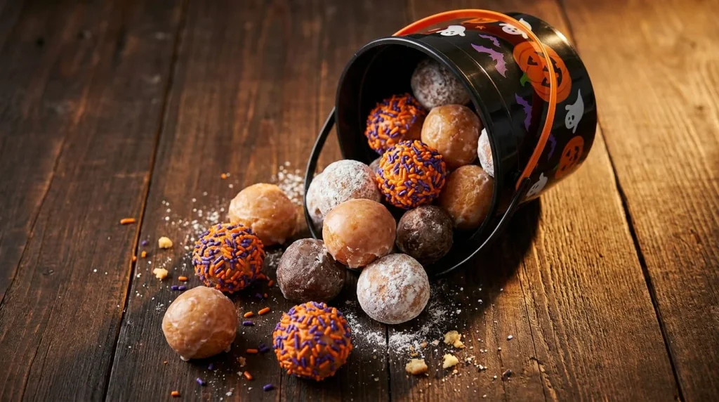 Munchkins donut holes from Dunkin's Halloween bucket with orange and purple sprinkles