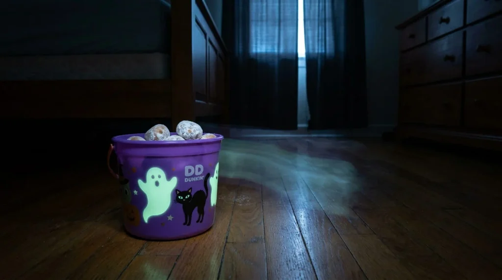 Dunkin' Halloween Munchkins Bucket glowing in the dark in a dim room