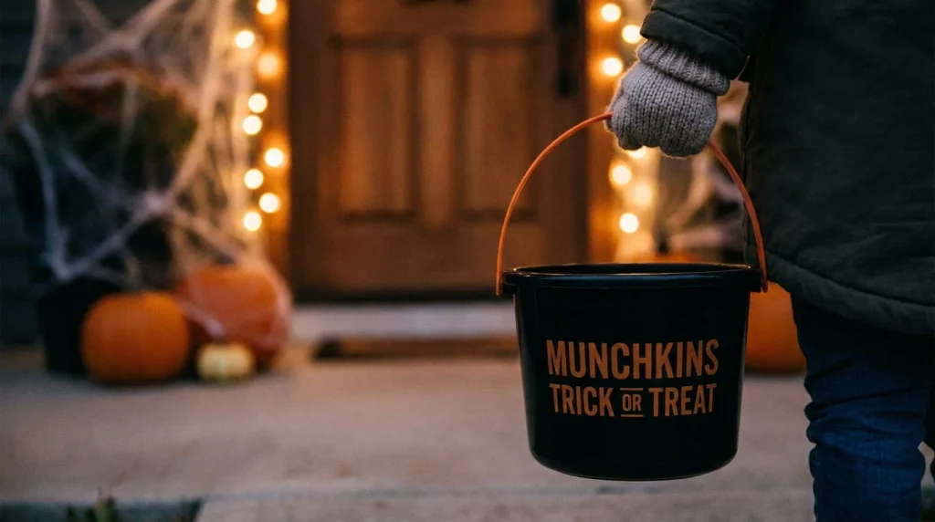 Dunkin' Halloween Munchkins Bucket reused as a trick-or-treat container