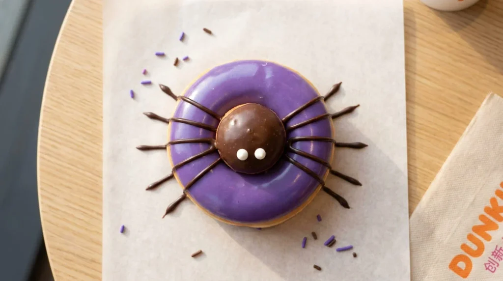 Dunkin Spider Donut 2026 purple frosted donut with Munchkin center