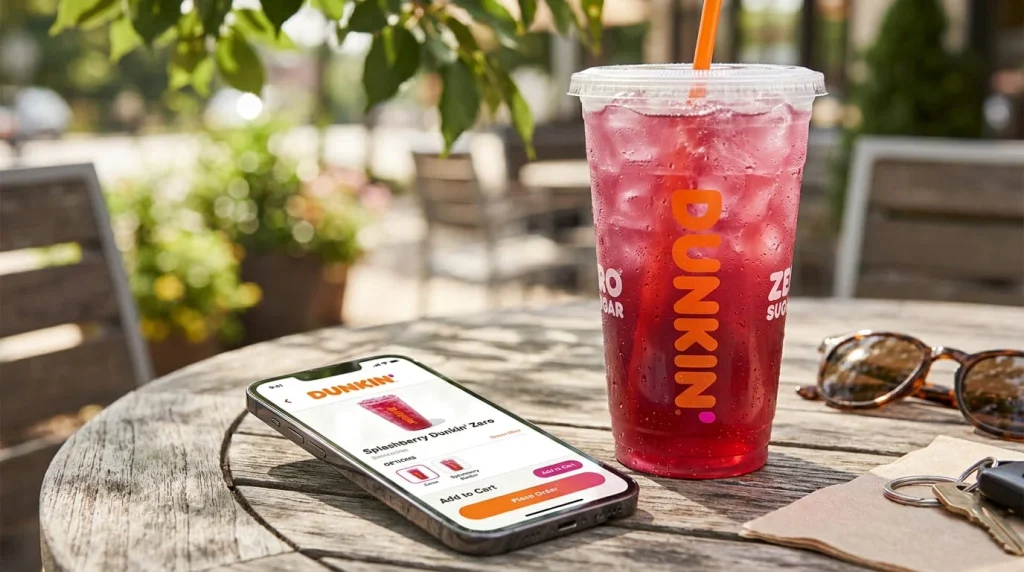 Ordering Splashberry Dunkin Zero through the Dunkin app showing price and rewards