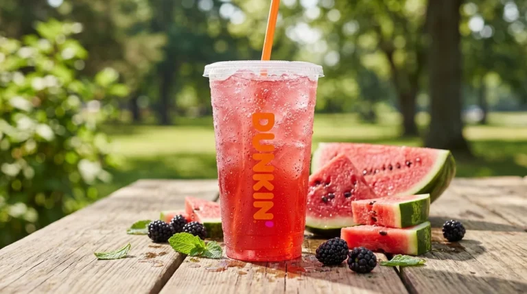 Splashberry Dunkin Zero cup with Dunkin branding beside watermelon and blackberries