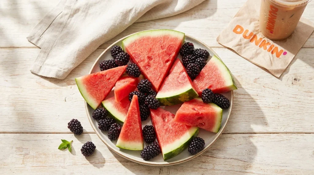 Fresh watermelon and blackberry fruit representing the Splashberry Dunkin Zero flavor blend
